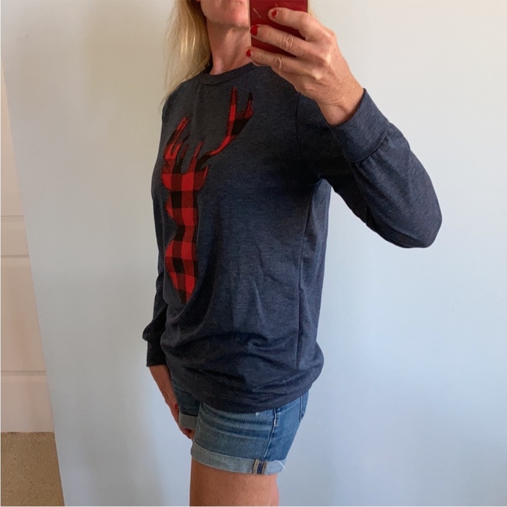 French Terry Long Sleeve Plaid Reindeer Top - Picture 6 of 11